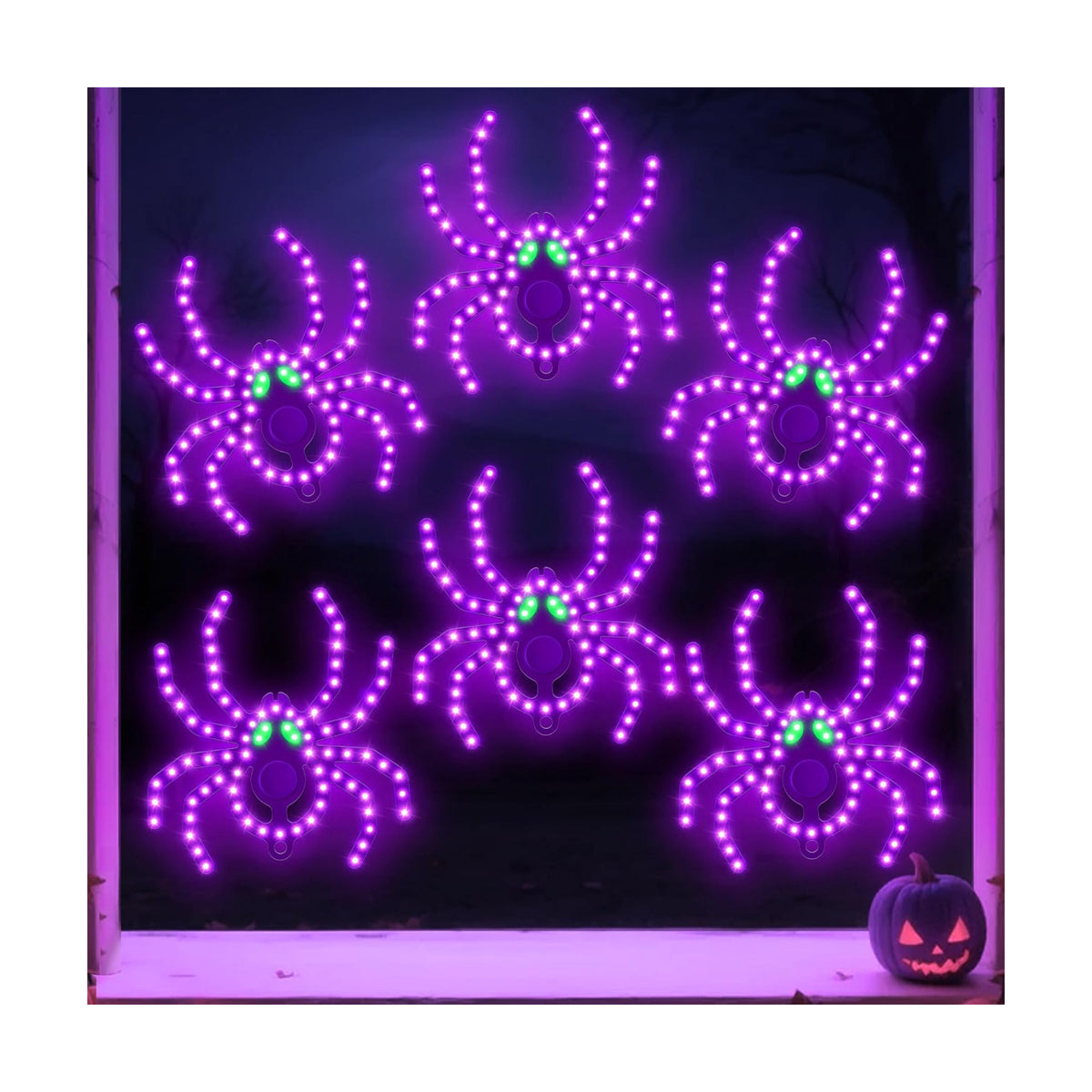 6 Pack 9" Halloween Classics Twinkling LED Spiders, Hi-Vibrant Aluminum Frame Spiders Window Silhouette Lights, 468 Purple and 24 Green LED Lights, Holiday Indoor Outdoor Decoration