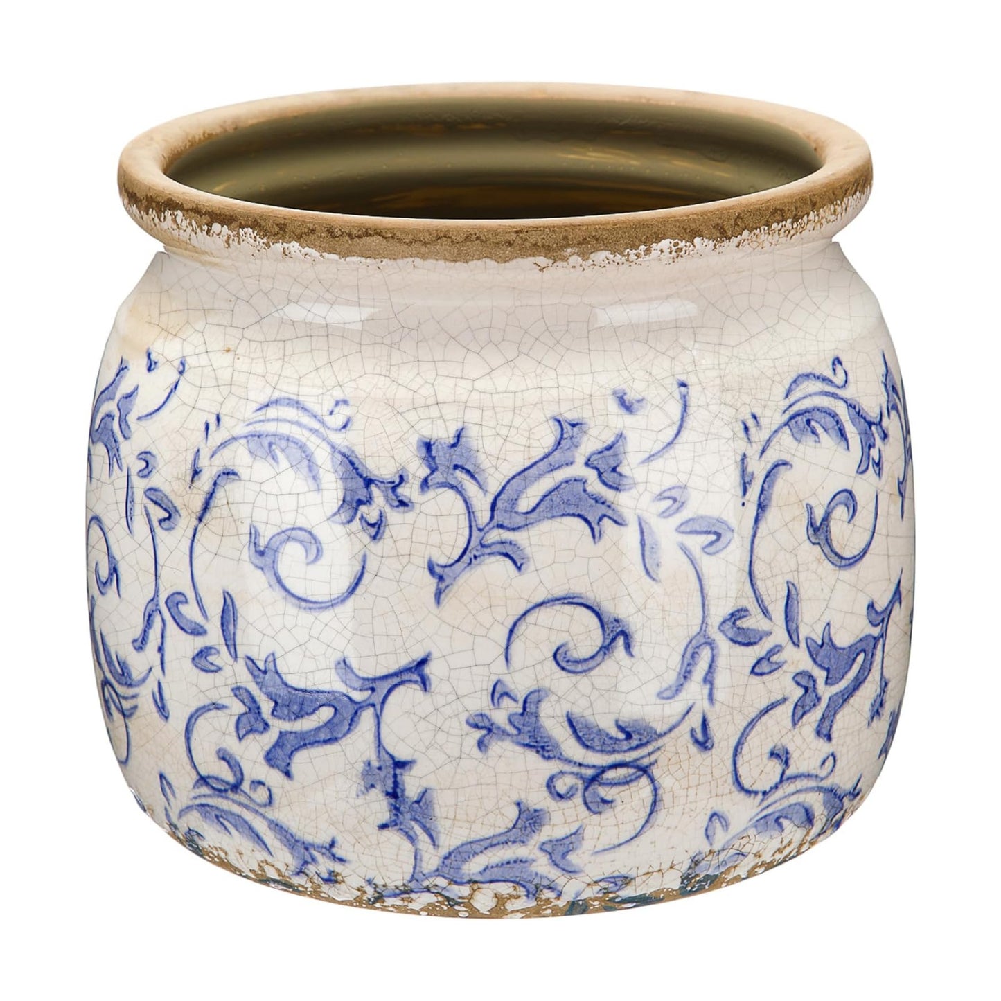 Vintage Planter Large Ceramic Plants Pot Crack Cottage Scroll Vase Flower Vase / Chinoiserie / Blue