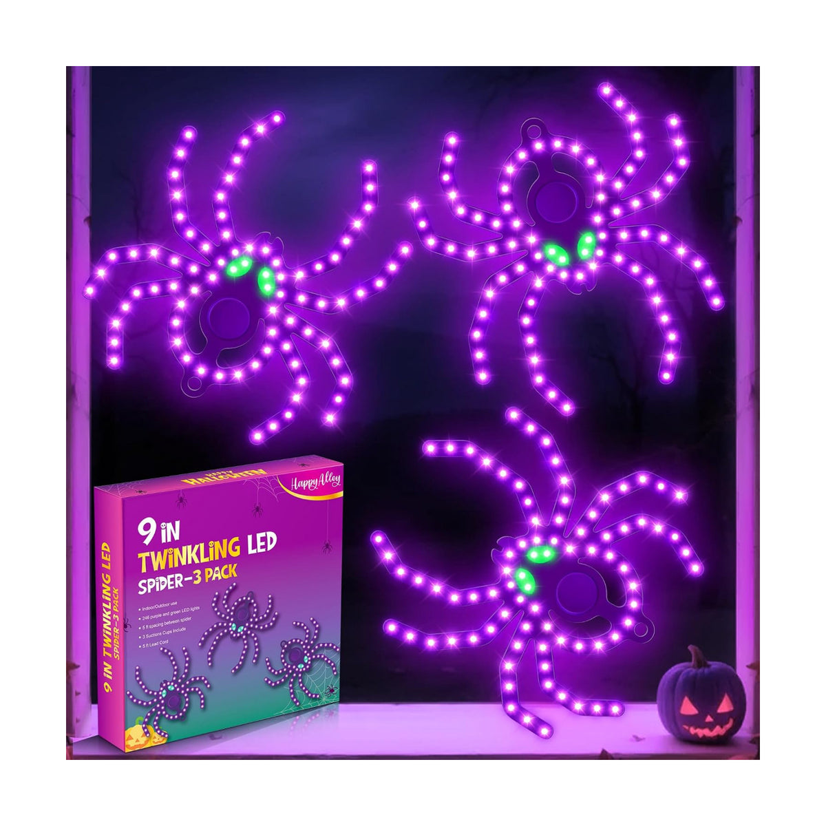 3 Pack 9" Halloween Classics Twinkling LED Spiders, Hi-Vibrant Aluminum Frame Spiders Window Silhouette Lights, 234 Purple and 12 Green LED Lights, Holiday Indoor Outdoor Decoration