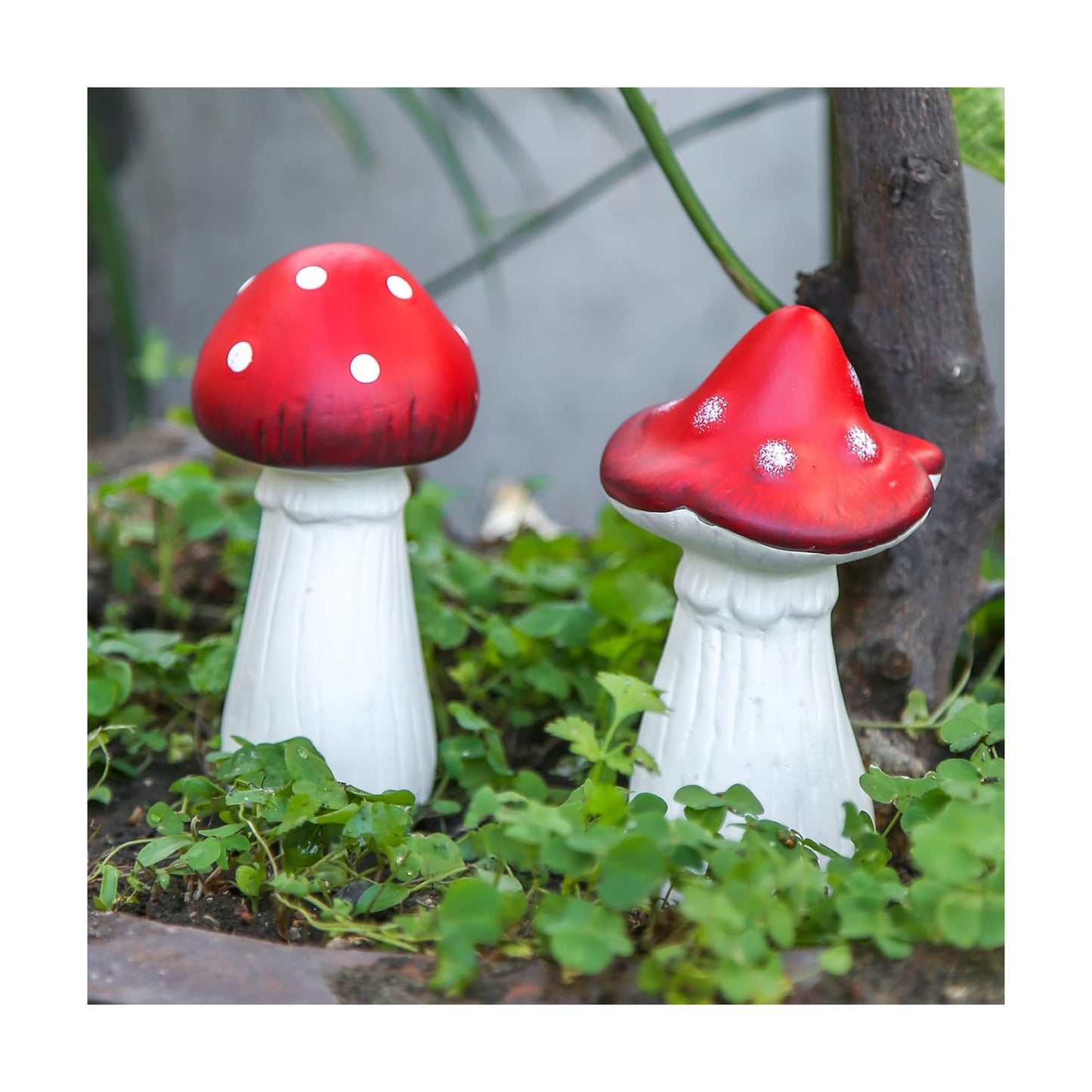 White Ceramic Toadstool Sculptures / Red / 5.5 Inch / Set of 2