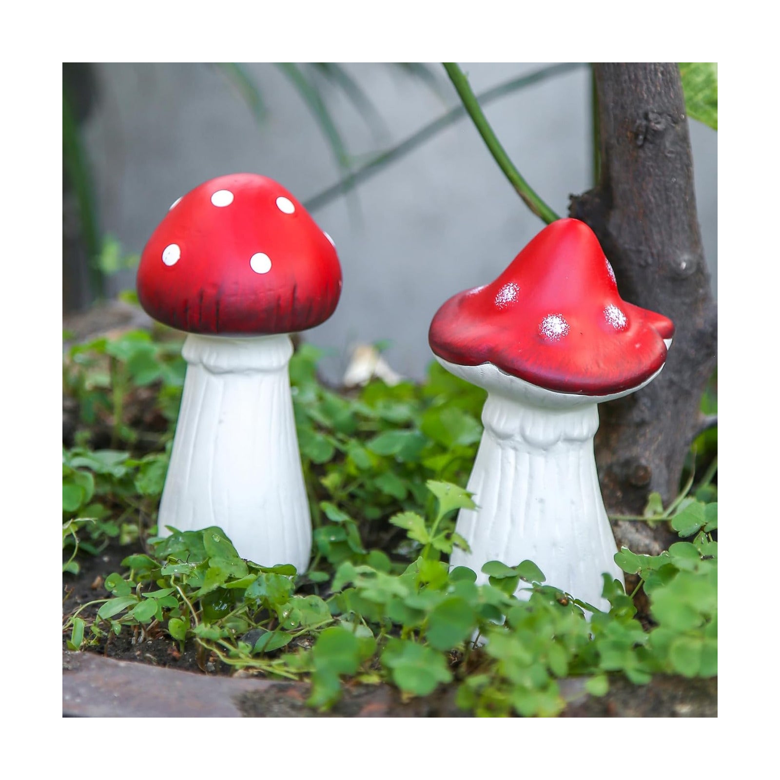 White Ceramic Toadstool Sculptures / Red / 5.5 Inch / Set of 2