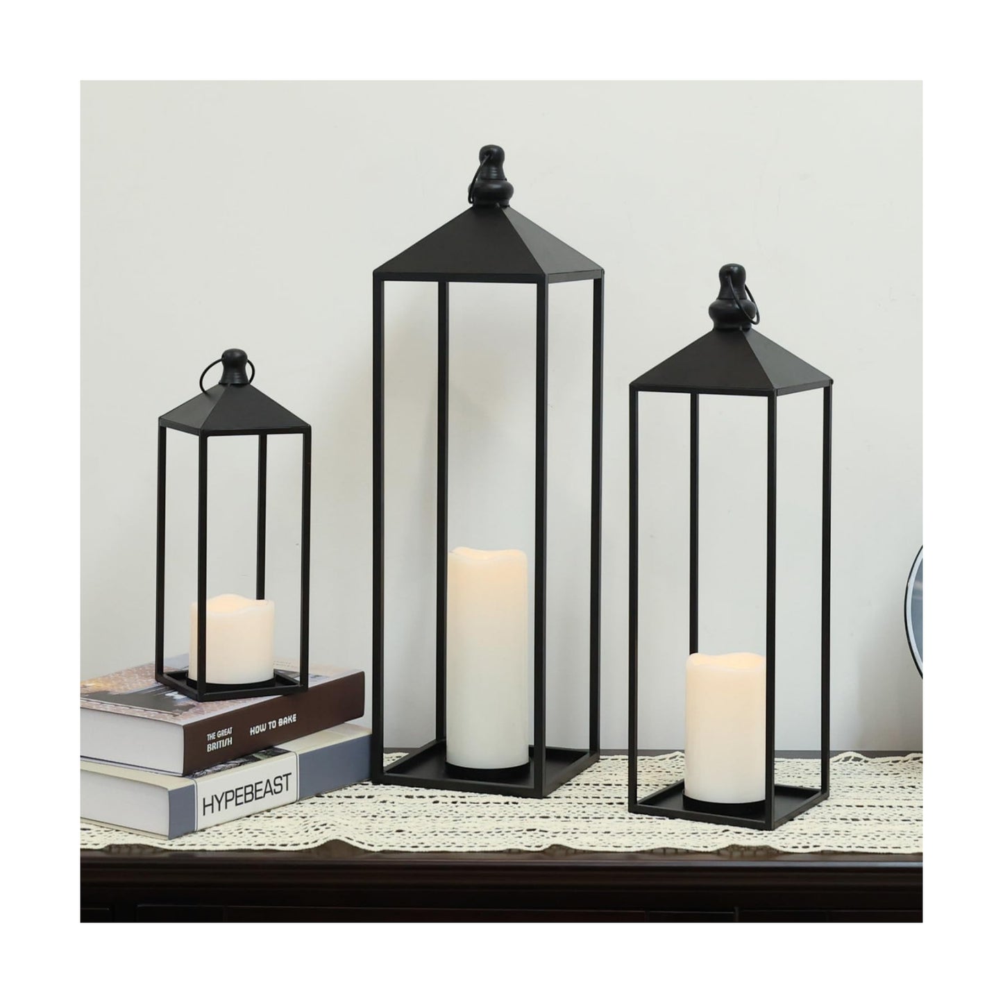 LED Lanterns Decorative Indoor&Outdoor, 23’’ 19’’ 13’’ Large Black Candle Lanterns Set with 3 Flameless Candles, Metal