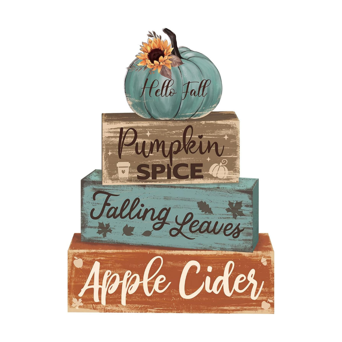 4 Pcs Fall Teal Decor for Home Fall Pumpkin Wooden Sign with Sunflower