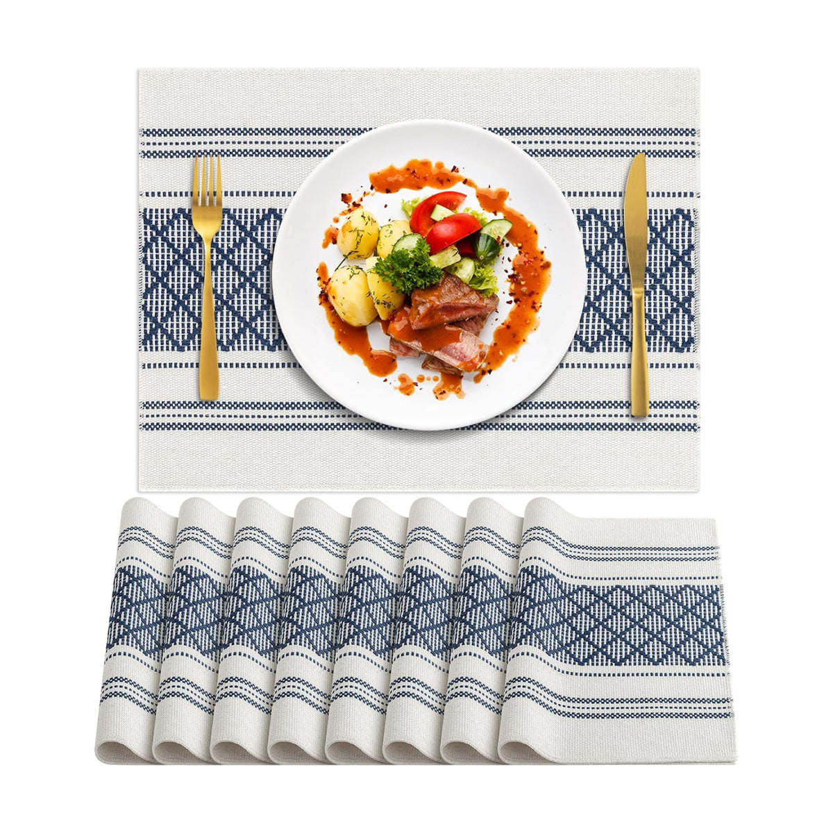 ADRIMER Placemats Set of 8, Boho Table Mats Cotton Blend, Durable Cloth Table Placemats Machine Washable, Rustic Place