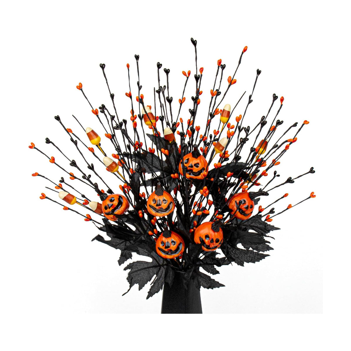 12 PCs Gothic Halloween Flowers Artificial Orange Black Stems Spooky Halloween Floral Picks with Candies Corn Smiling Pumpkins for Vase Floral Arrangements Table Centerpieces Decorations