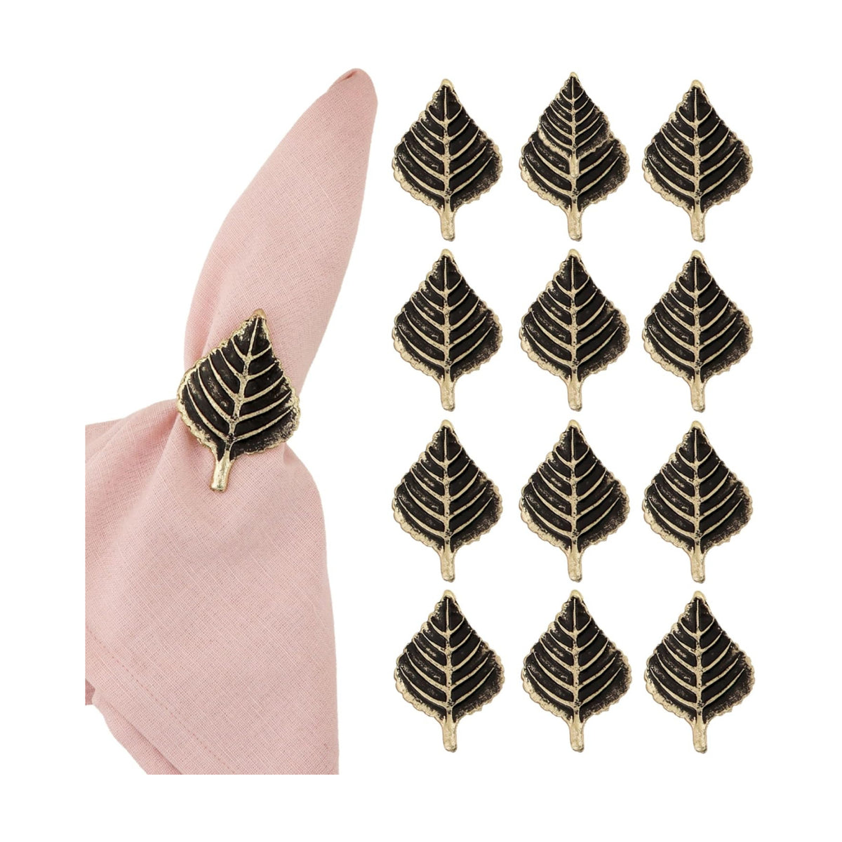ALPHA Living HOME Set of 12 Napkin Rings for Farmhouse Decor Premium Metal Leaf Dinnerware Napkin Holders Thanksgiving, Christmas, and Easter Table Setting (Antique Gold)