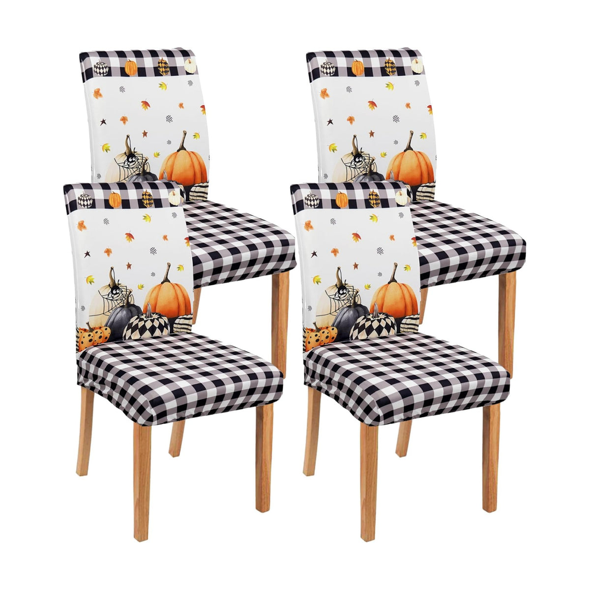 Halloween Chair Covers Set of 4, Fall Pumpkin Black/White Buffalo Plaid Chairs Slipcover for Dining Room, Removable Washable Breathable Cover in the Kitchen Restaurant Holiday Decor