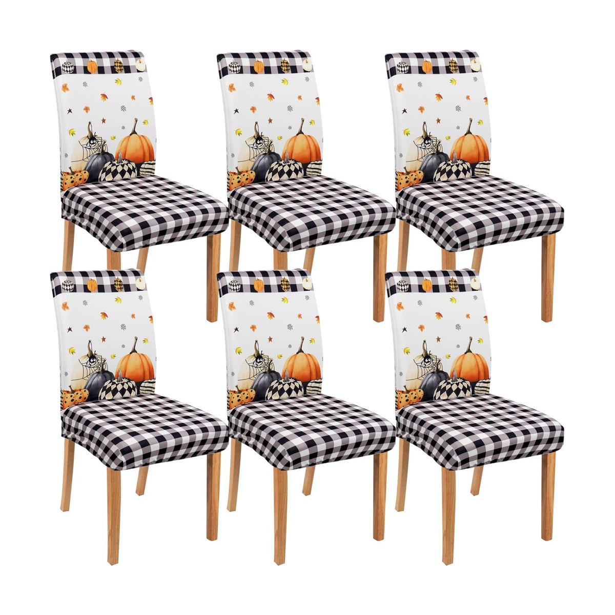 Halloween Chair Covers Set of 6, Fall Pumpkin Black/White Buffalo Plaid Chairs Slipcover for Dining Room, Removable Washable Breathable Cover in the Kitchen Restaurant Holiday Decor