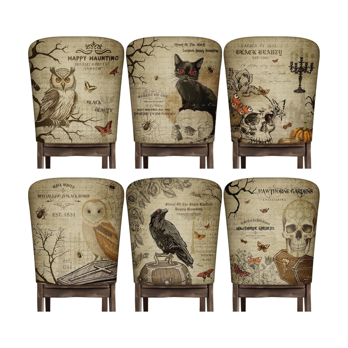 Moukeren 6 Pcs Gothic Chair Cover Set Gothic Halloween Decor Stretch Dining Chair Back Covers Skeleton Black Cat Bat Owl Seat Covers Horror Home Farmhouse Dining Seat Protector for Kitchen Decor
