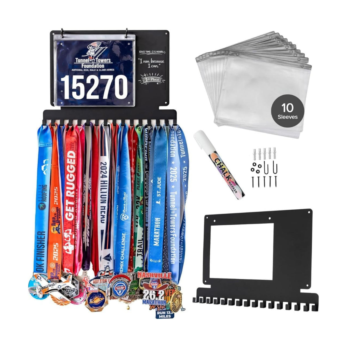 Running Medal Hanger Display with Race Bib Holder, Gift for Runners | Individual Hooks, Custom Write-On Board, Easy to