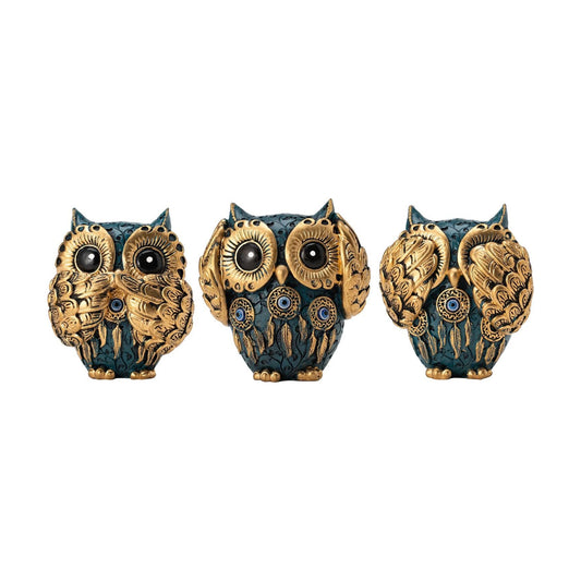 Decorative See No Evil Hear No Evil Speak No Evil Owl Figurines / Blue / Set of 3