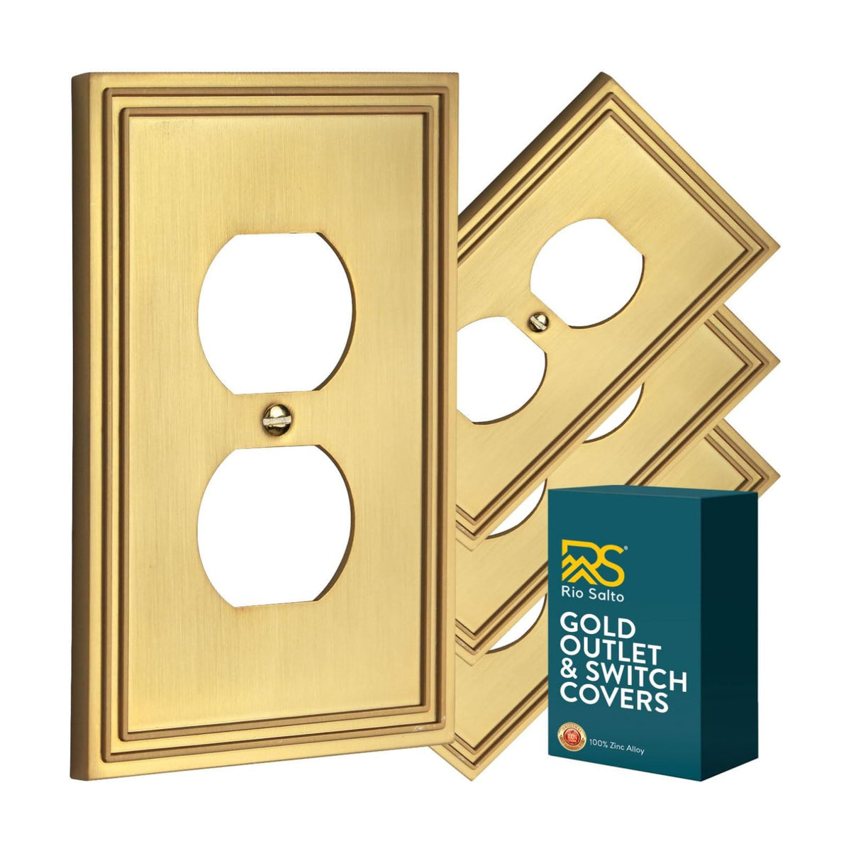 Rio Salto Gold Decorative Outlet Cover Plate Duplex Modern Wall Plates Receptacle Brushed Brass Gold Metal Wall Plates