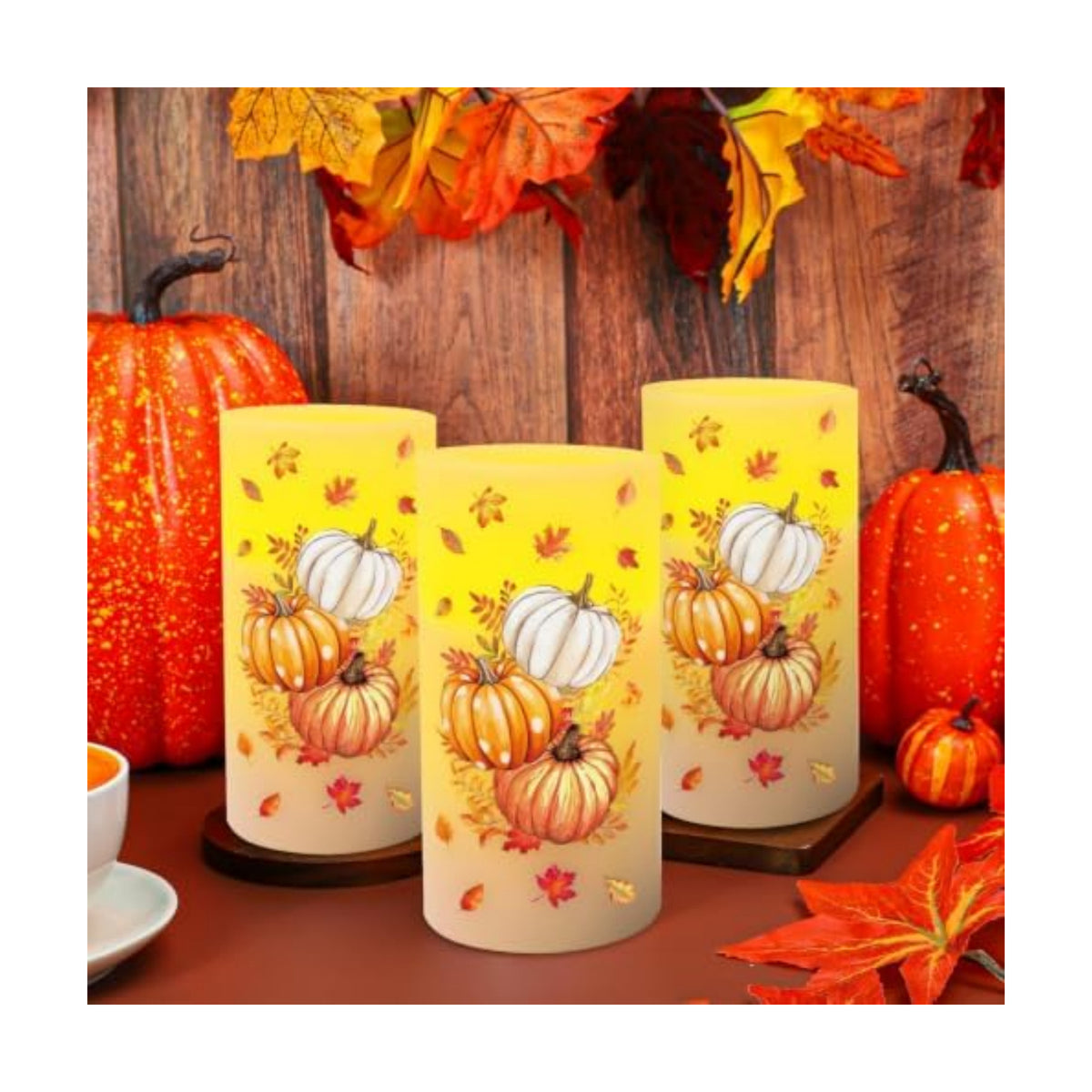 Whaline Fall LED Flameless Candles Orange Pumpkin Warm Light Battery Operated Pillar Candles Autumn Electric Flickering Candle for Thanksgiving Party Home Decor, Set of 3