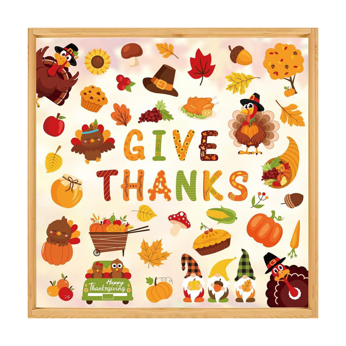 Whaline 9 Sheets Fall Thanksgiving Cartoon Window Cling Stickers Turkey Pumpkin Gnome Window Decals Give Thanks Reusable Glass Decoration for Autumn Harvest Party Home Classroom