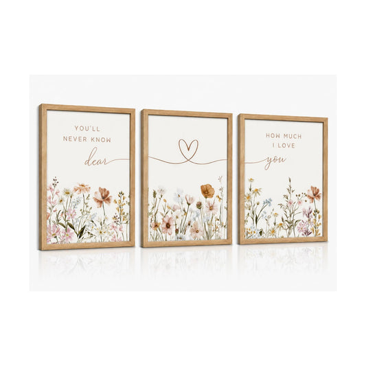 Framed Boho Nursery Wall Art Flower Botanical Sentence / Framed Wood Color / 16L" x 12W / Set of 3