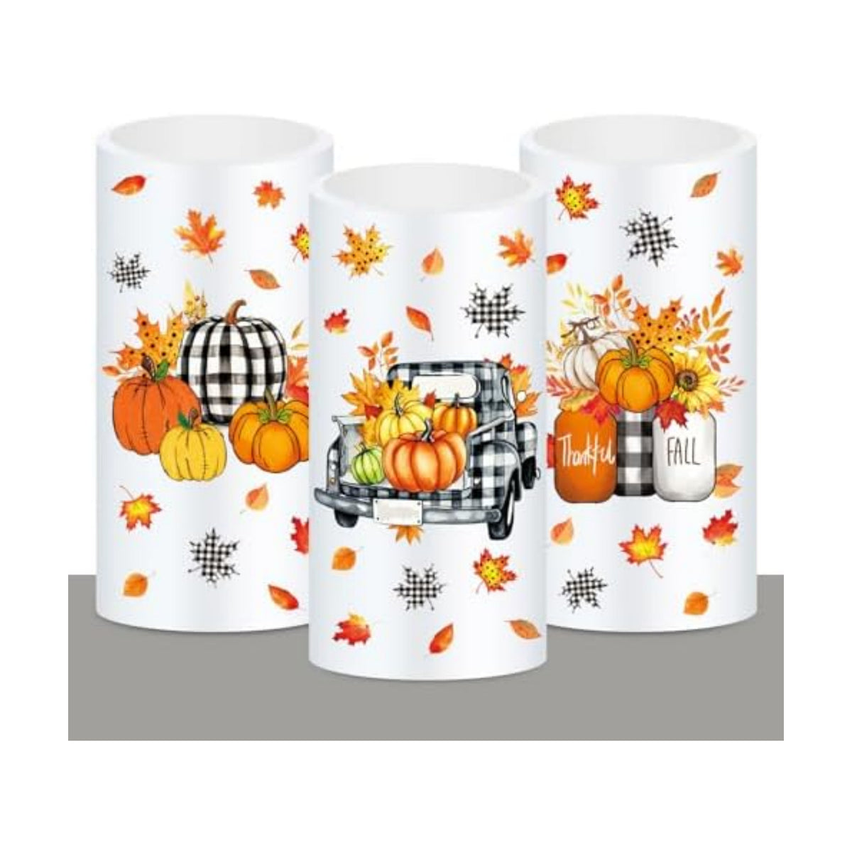 Whaline Fall LED Flameless Candles Plaid Pumpkin Truck Warm Light Battery Operated Pillar Candles Autumn Electric Flickering Candle for Thanksgiving Party Home Decor, Set of 3
