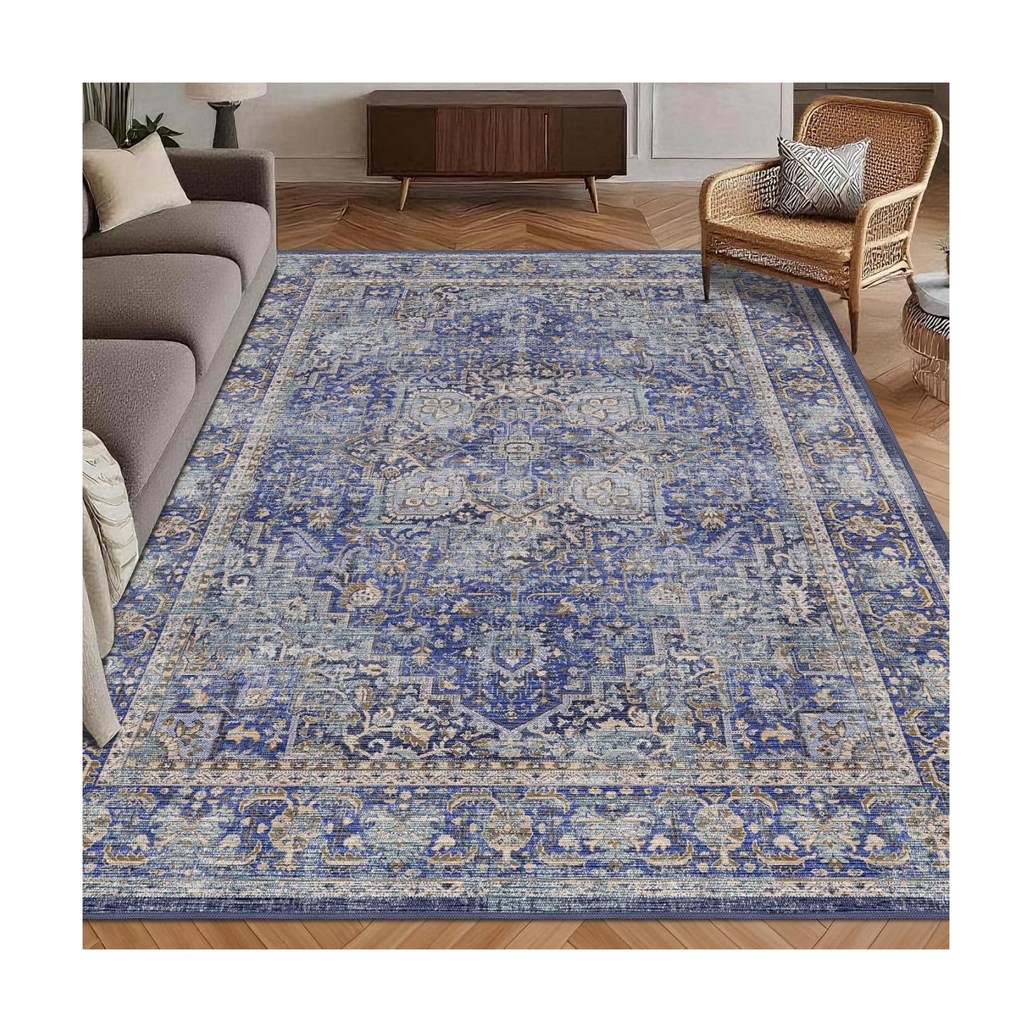Washable Area Rug 9' x 12' Vintage Traditional Persian Mat - Foldable Distressed Non-Slip Machine Washable Carpet for
