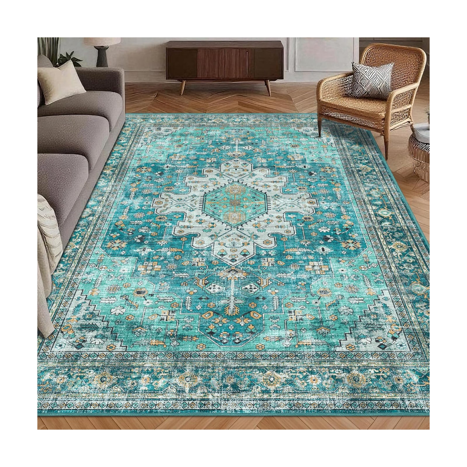 Washable Area Rug 5' x 7' Vintage Traditional Persian Mat - Foldable Distressed Non-Slip Machine Washable Carpet for