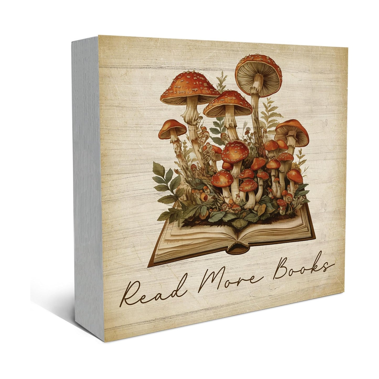 Vintage Mushroom Book Theme Wooden Block