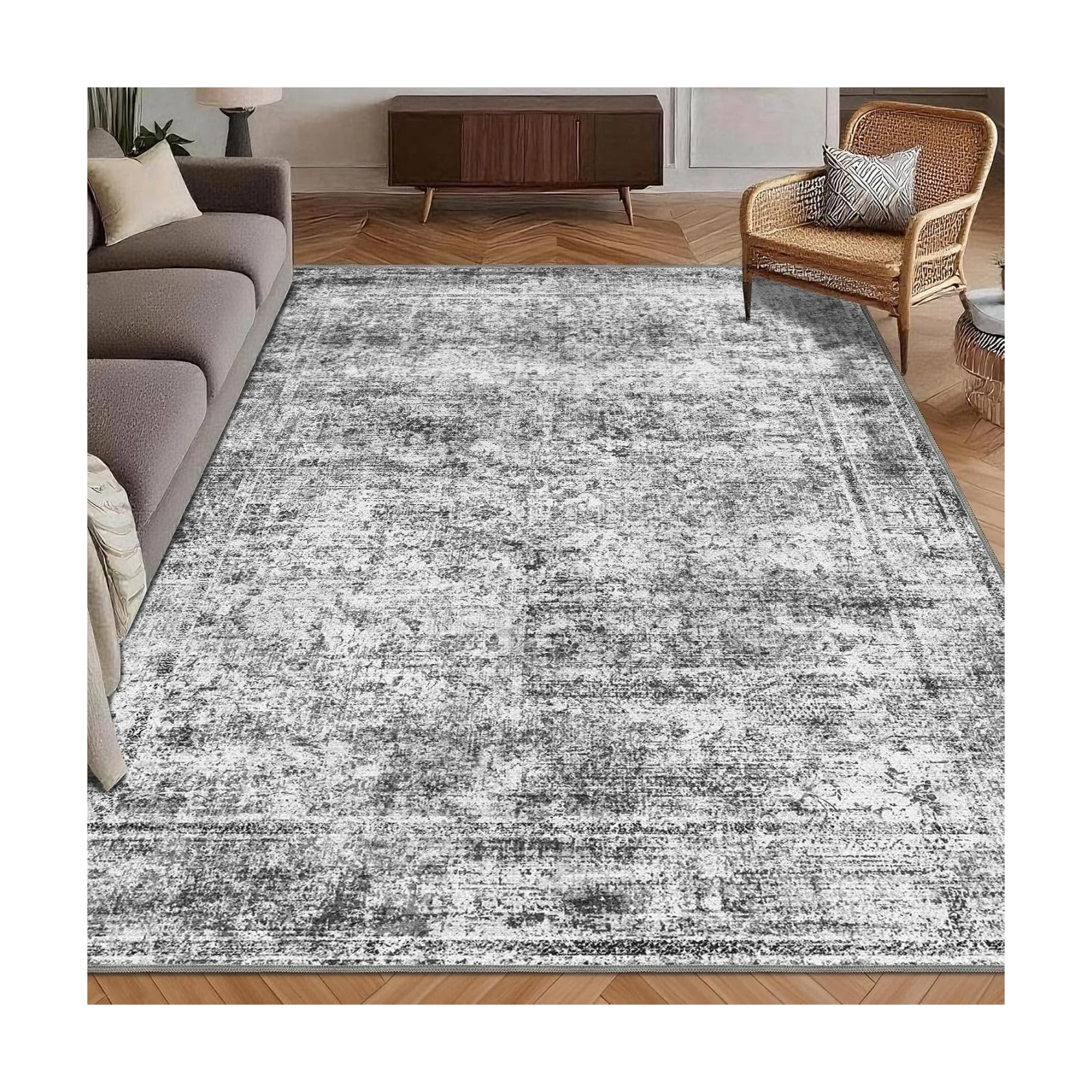 Washable Area Rug 6' x 9' Vintage Traditional Persian Mat - Foldable Distressed Non-Slip Machine Washable Carpet for