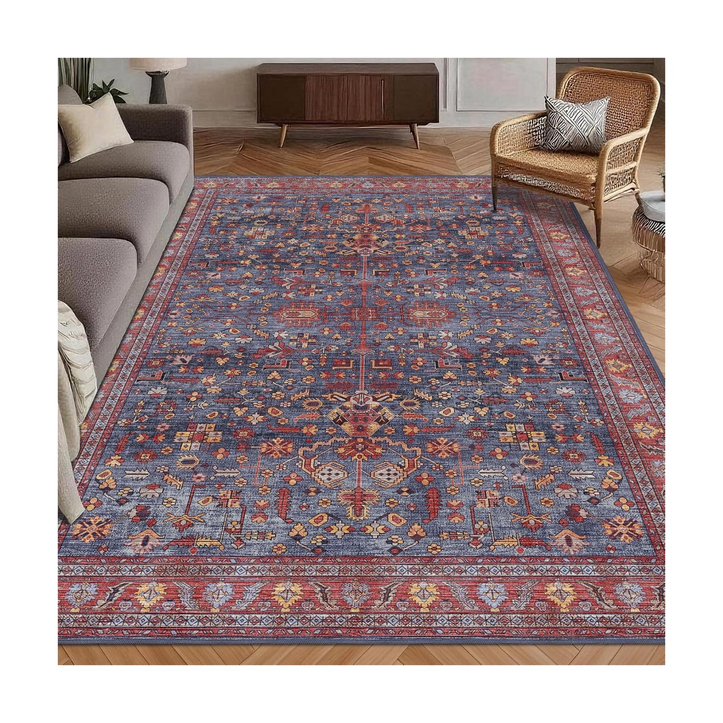 Washable Area Rug 4' x 6' Vintage Traditional Persian Mat - Foldable Distressed Non-Slip Machine Washable Carpet for