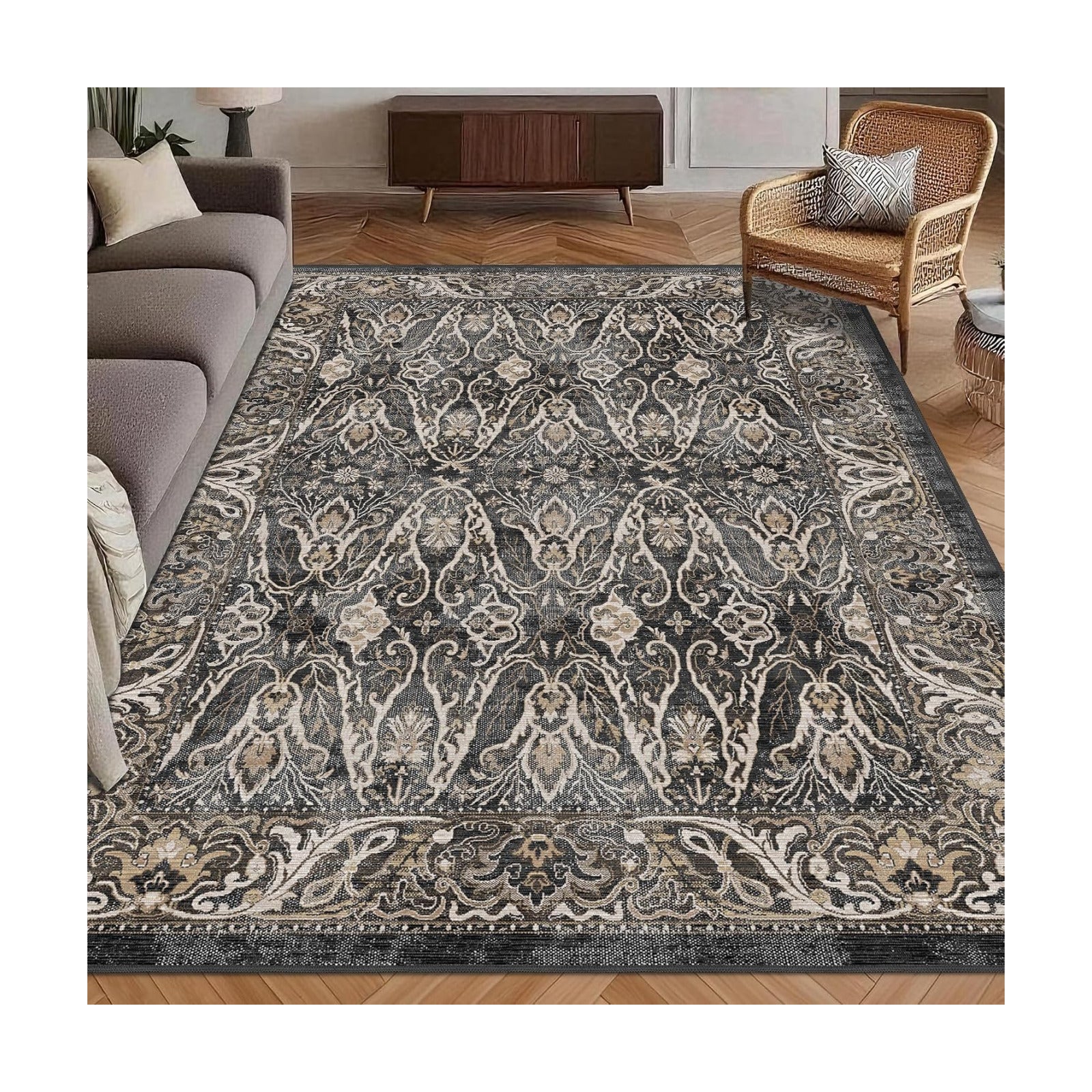 Washable Area Rug 5' x 7' Vintage Traditional Persian Mat - Foldable Distressed Non-Slip Machine Washable Carpet for