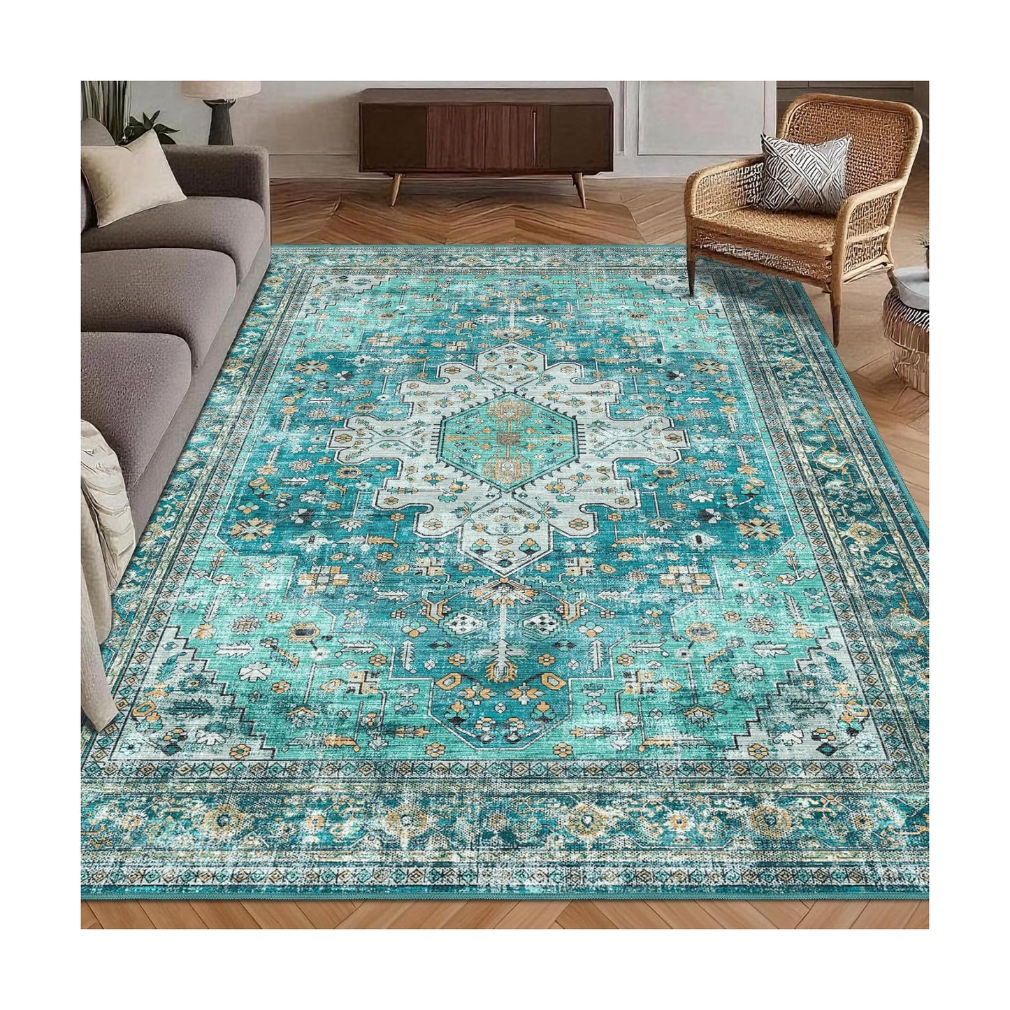 Washable Area Rug 3' x 5 ' Vintage Traditional Persian Mat - Foldable Distressed Non-Slip Machine Washable Carpet for