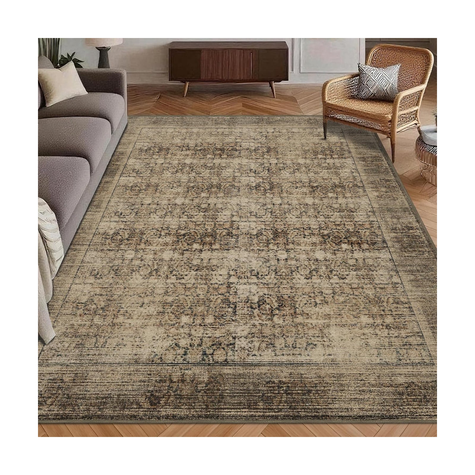 Washable Area Rug 6' x 9' Vintage Traditional Persian Mat - Foldable Distressed Non-Slip Machine Washable Carpet for