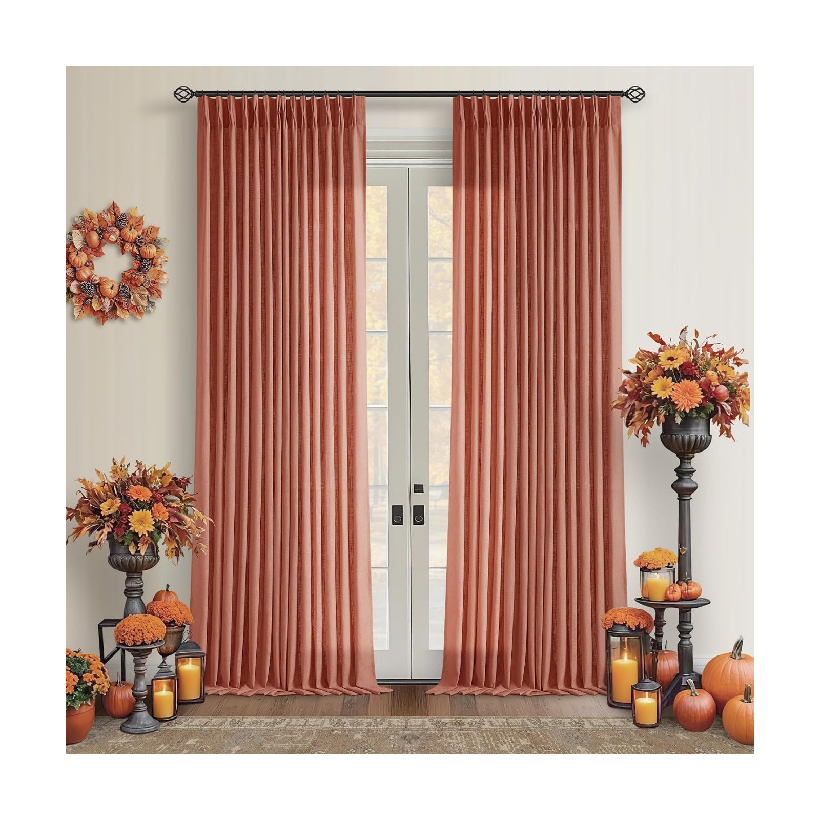 Terracotta 90 Inch Linen Curtains Pinch Pleated 2 Panels Set Firebrick