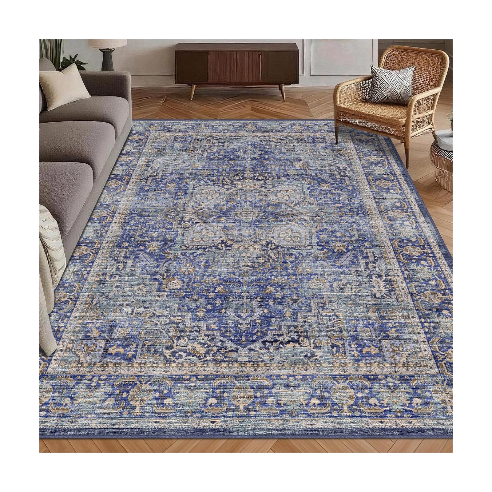 Washable Area Rug 4' x 6' Vintage Traditional Persian Mat - Foldable Distressed Non-Slip Machine Washable Carpet for