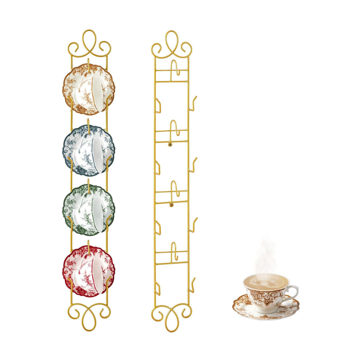 Blulu 2 Pcs Wall Mounted Tea Cup & Saucer Display Rack 4 Tiers,Gold | 36 x 5 Inch Vertical Metal Mug & Plate Hanger for