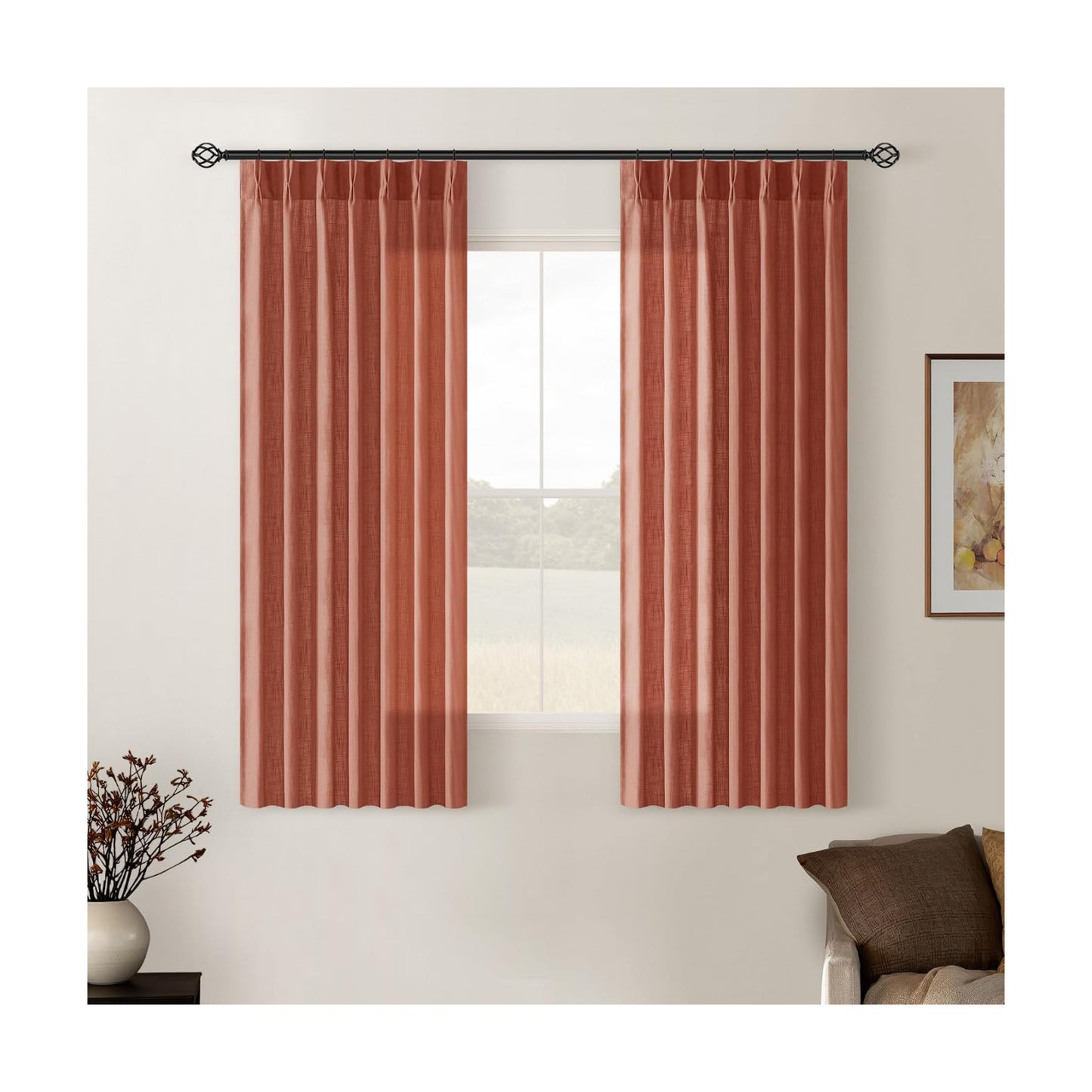 Pinch Pleated Linen Semi Sheer Curtains 45 Inch Length 2 Panels Firebrick