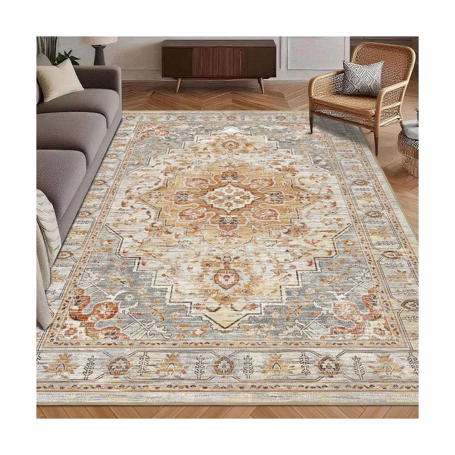 Washable Area Rug 4' x 6' Vintage Traditional Persian Mat - Foldable Distressed Non-Slip Machine Washable Carpet for