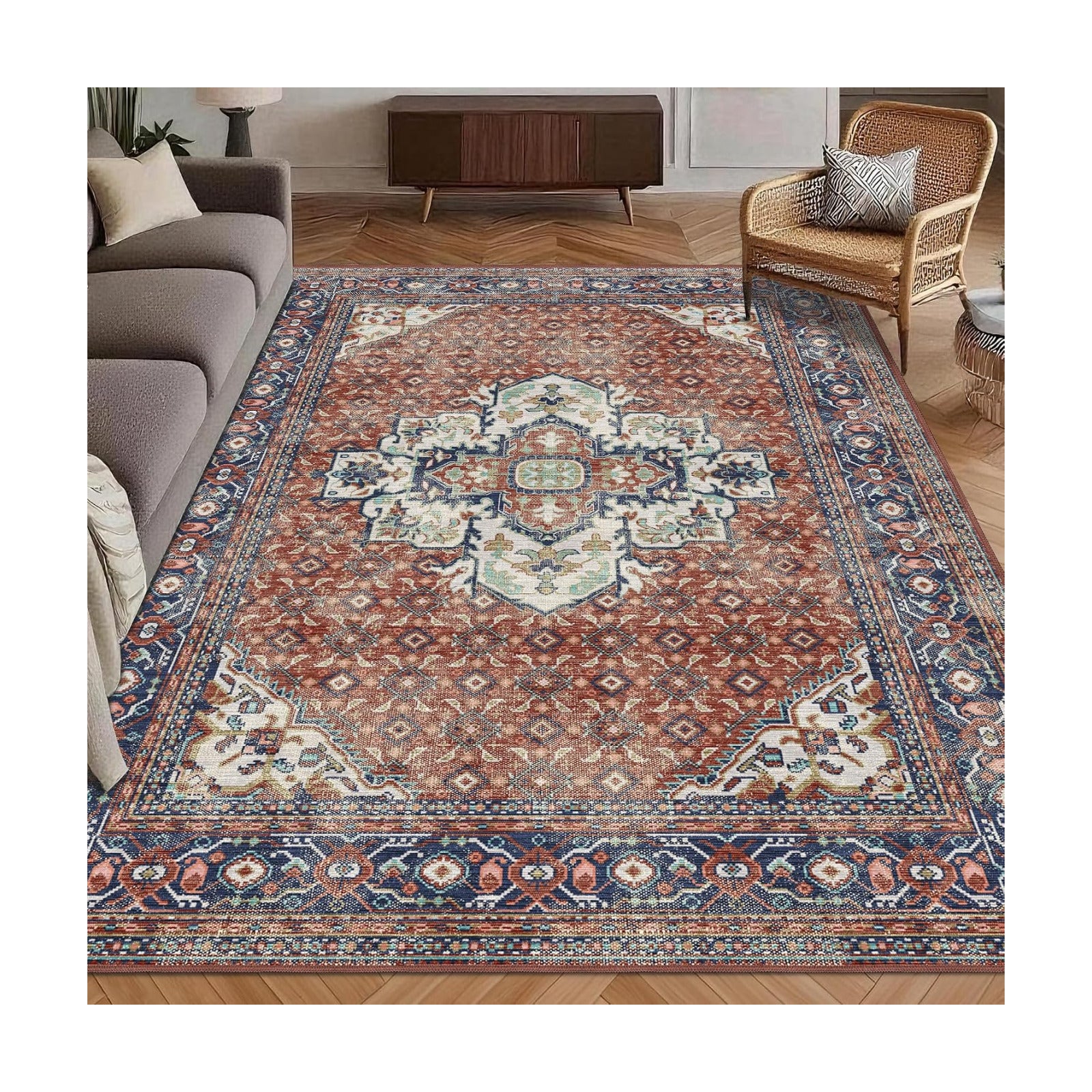Washable Area Rug 9' x 12' Vintage Traditional Persian Mat - Foldable Distressed Non-Slip Machine Washable Carpet for