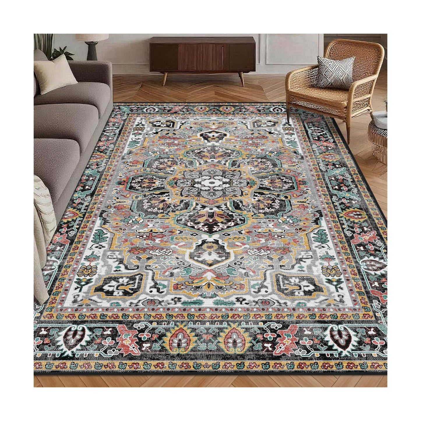 Washable Area Rug 8' x 10' Vintage Traditional Persian Mat - Foldable Distressed Non-Slip Machine Washable Carpet for