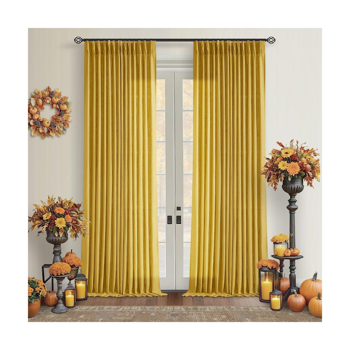Mustard Yellow Pleated Semi Sheer Linen Curtains 120 Inches Long 2 Panel