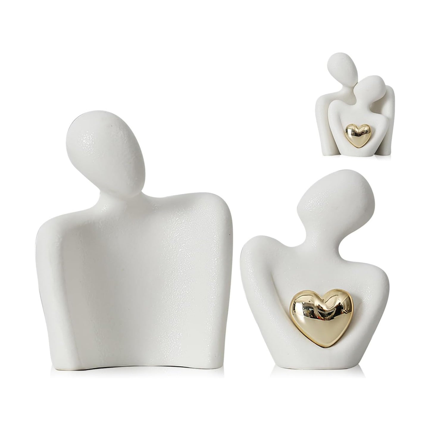 Ceramic Hugging Couple Figurines / White and Gold
