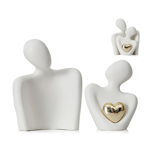 Ceramic Hugging Couple Figurines / White and Gold