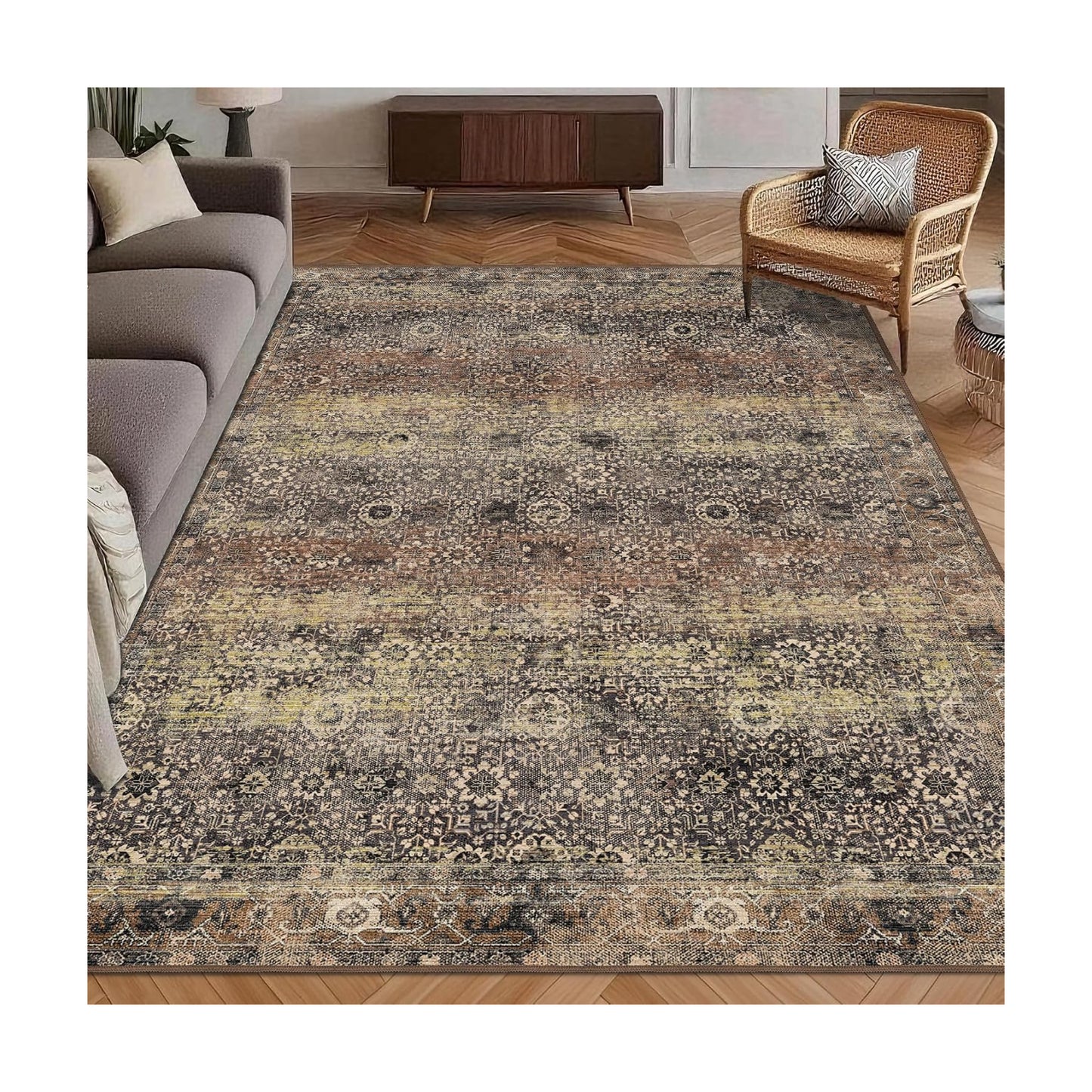 Washable Area Rug 8' x 10' Vintage Traditional Persian Mat - Foldable Distressed Non-Slip Machine Washable Carpet for