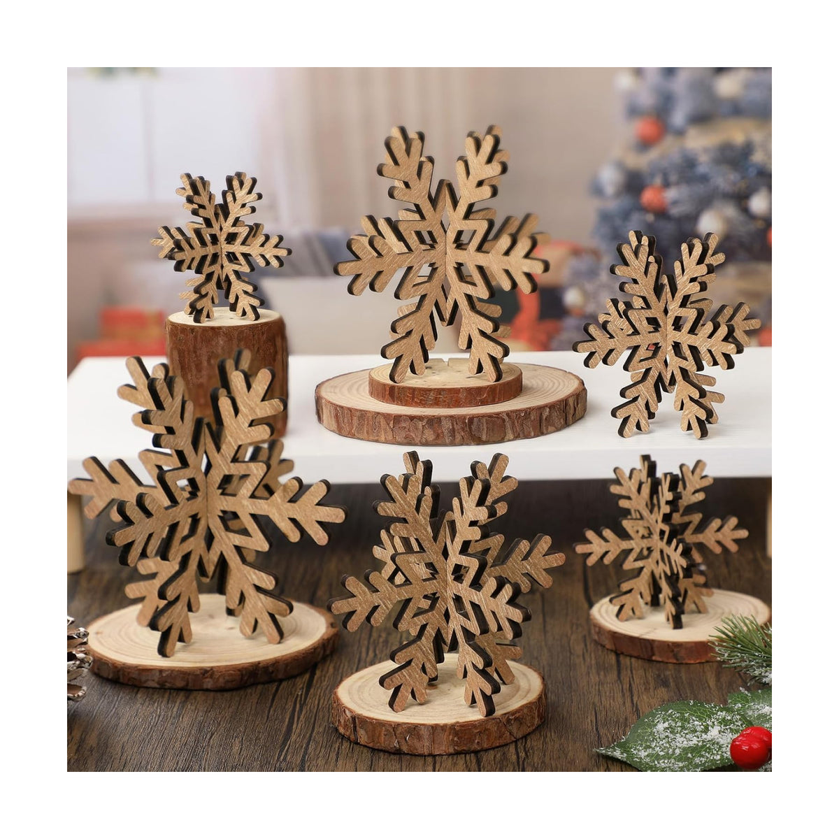 Bucherry 12 Pcs Wooden Snowflakes Table Decor,Rustic Color