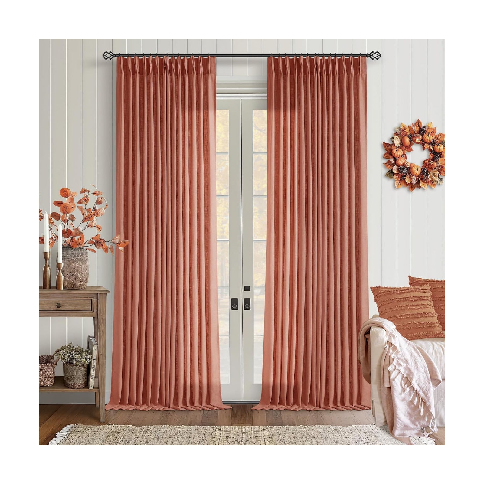 Firebrick Pleated Linen Curtains 96 Inches Long for Living Room 2 Panel Set