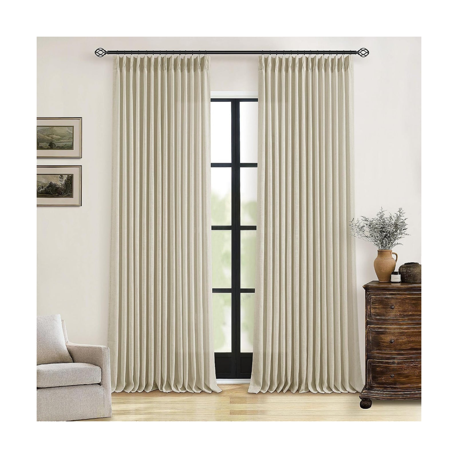 TWODRAPES Linen Flax Curtains Pinch Pleated 102 Inch Curtains 2 Panels