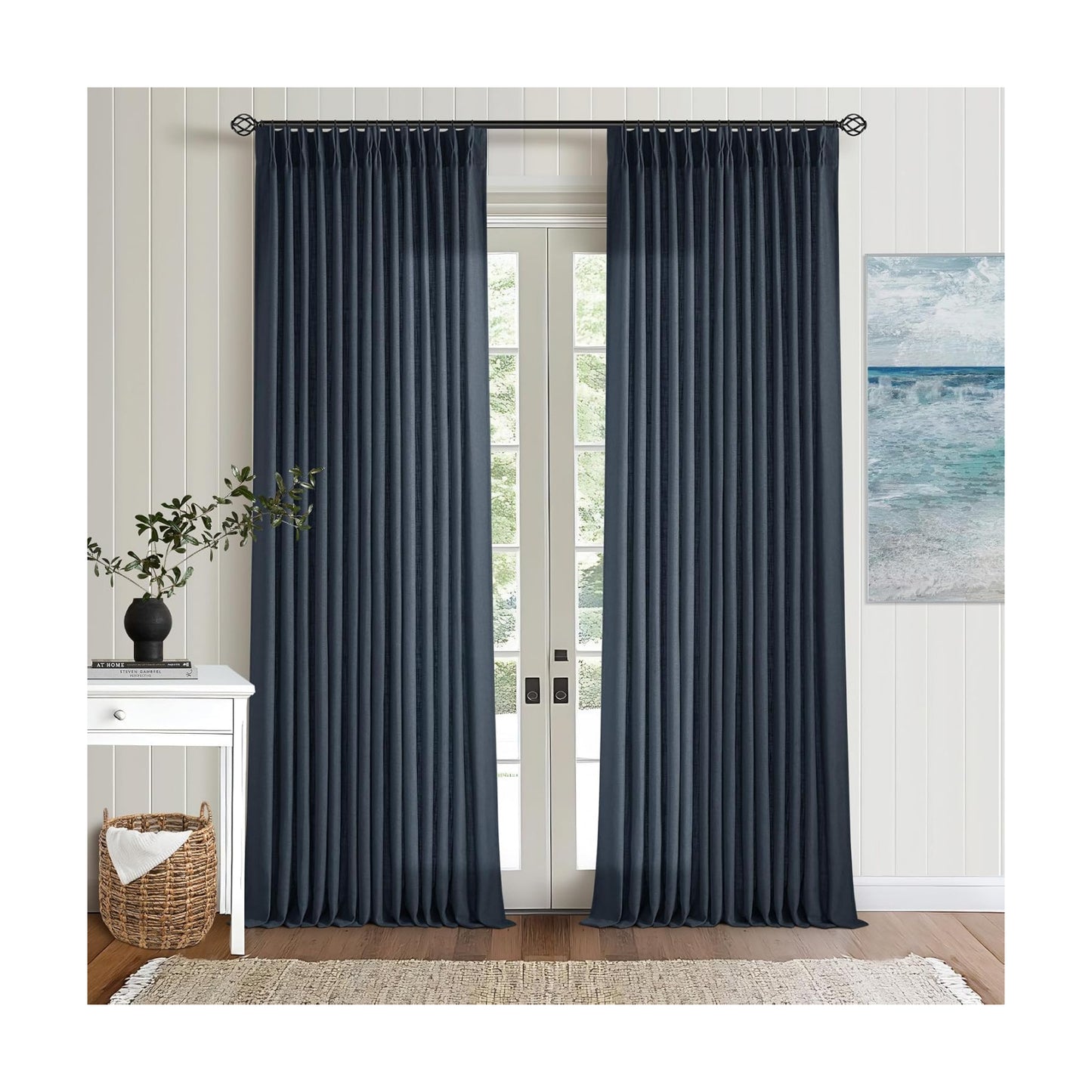 TWODRAPES Navy Blue Linen Pinch Pleated Curtains 96 Inches Long 2 Panels