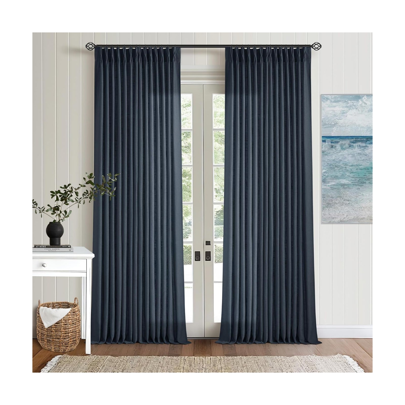TWODRAPES Navy Blue Linen Pinch Pleated Curtains 96 Inches Long 2 Panels