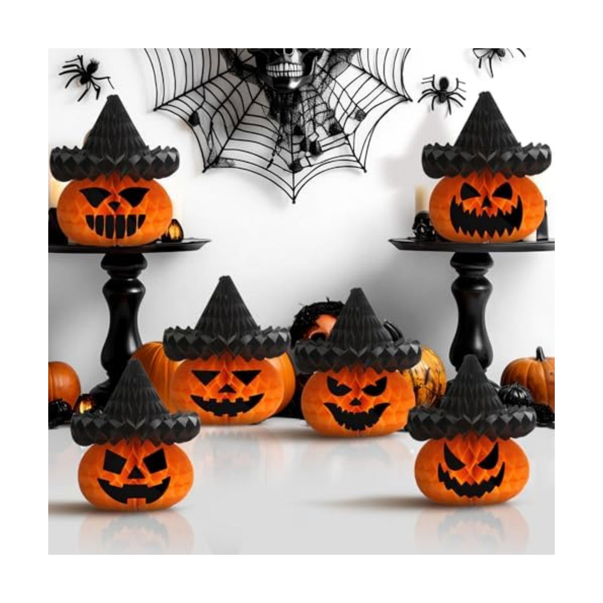 Fourluoo 6 Pcs Halloween Pumpkin Witch Hat Paper Honeycomb Centerpieces