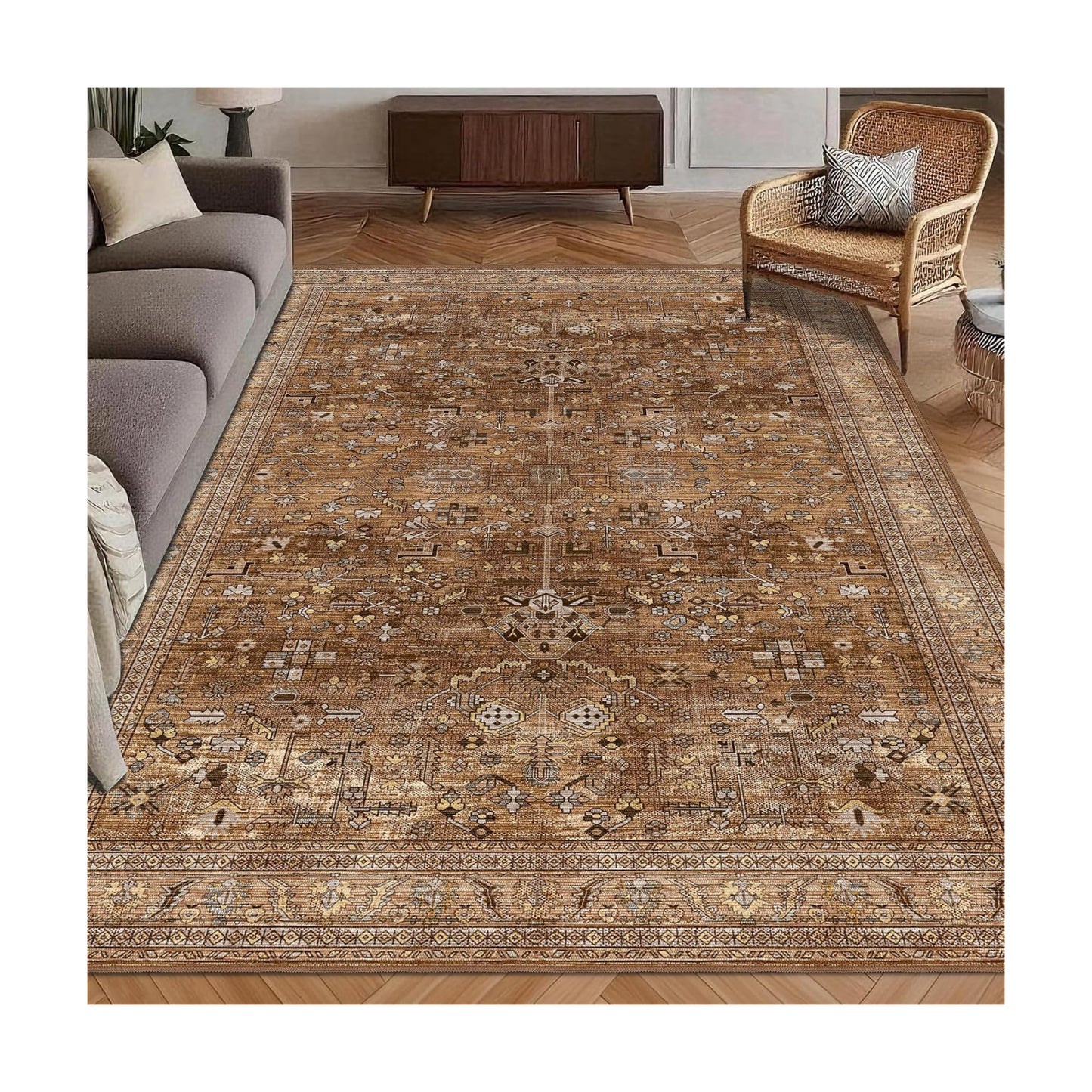 Washable Area Rug 3' x 5 ' Vintage Traditional Persian Mat - Foldable Distressed Non-Slip Machine Washable Carpet for