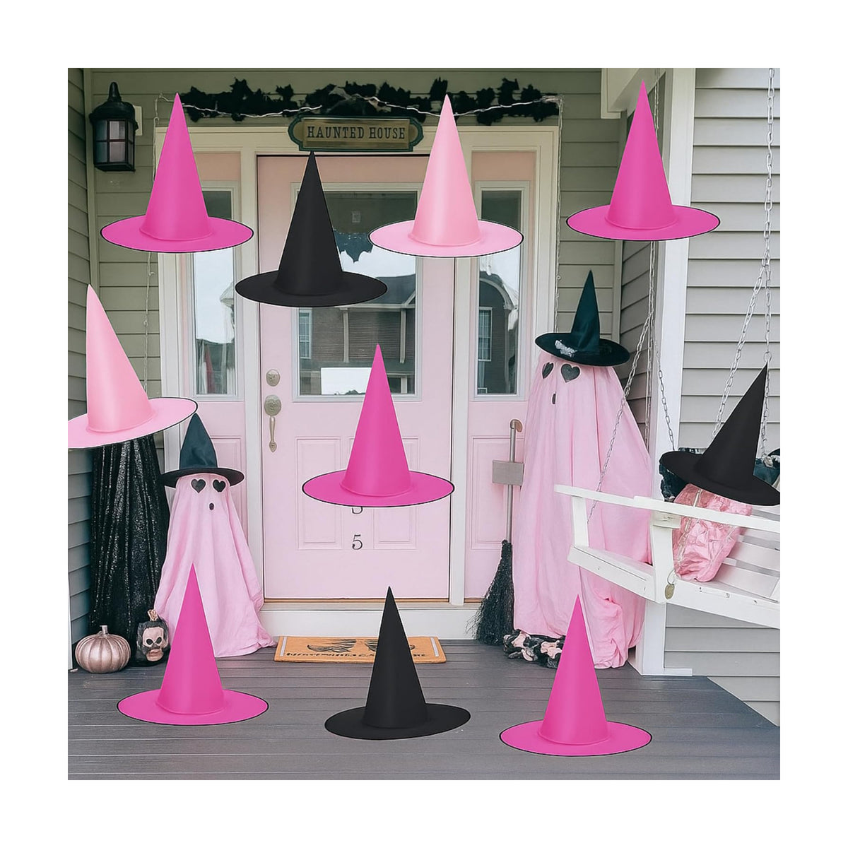 Gemscream 18 Pcs Floating Witch Hats Pink Black Halloween Decorations