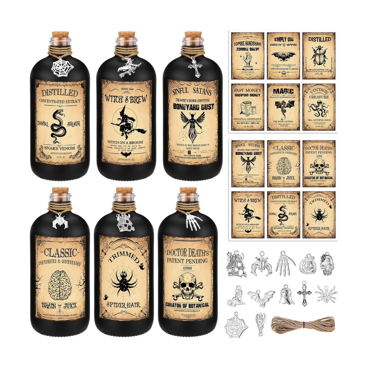 Uiifan 31 Pcs Halloween Potion Bottles Set with Cork, Black, 8.5 oz