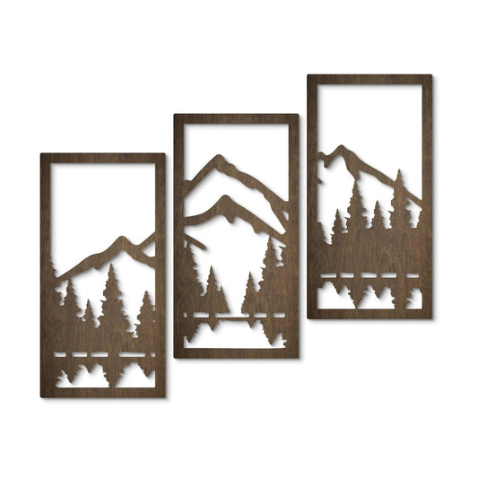 3-Piece Forest Wood Wall Art Set / Mountain / Natural