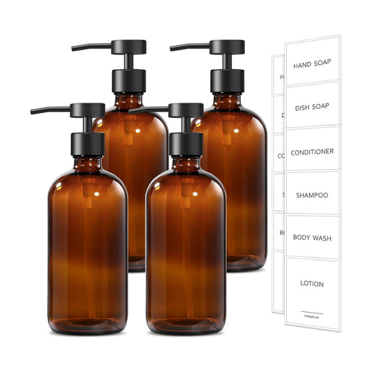 GMISUN Amber Glass Soap Dispenser, 4 Pack Bathroom Hand Soap Dispensers with Stainless Steel Flat Pump, 17 Fl Oz